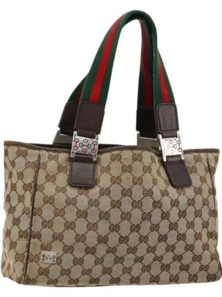Gucci Gg Canvas Web Sherry Line Hand Bag Beige Silver Auth 178849